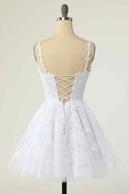 A-line V Neck Lace-Up Applique Mini Homecoming Dress