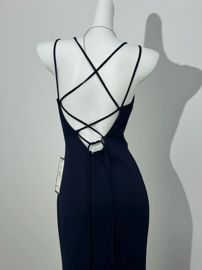 Navy Blue Spaghetti Strap V-Neck Fitted Waist Slim Slit Sexy Prom & Evening Dress gh7232