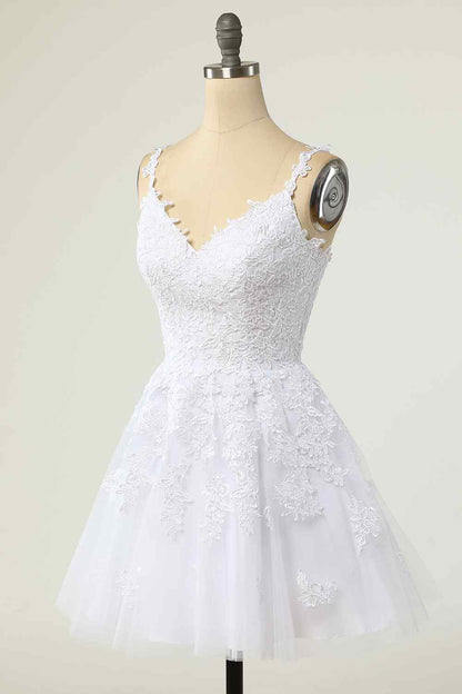 A-line V Neck Lace-Up Applique Mini Homecoming Dress