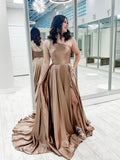 Simple one shoulder satin long prom dress, champagne evening dress