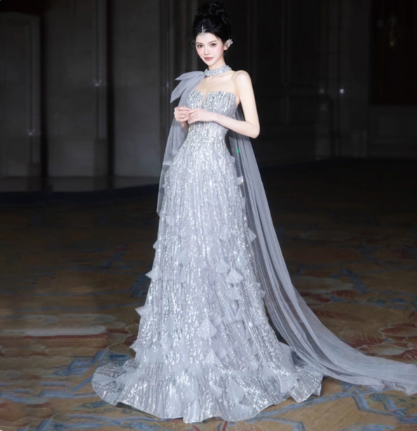 Gorgeous Silver Gray A-line Strapless Sequined Train  Prom Dress Evening Dress P4463
