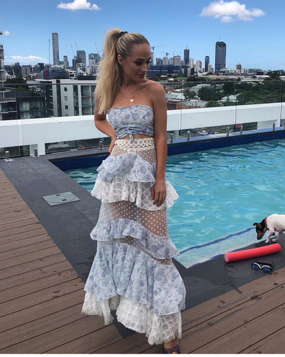 Blue floral lace ruffle long two piece suit evening gown party dress gh3011