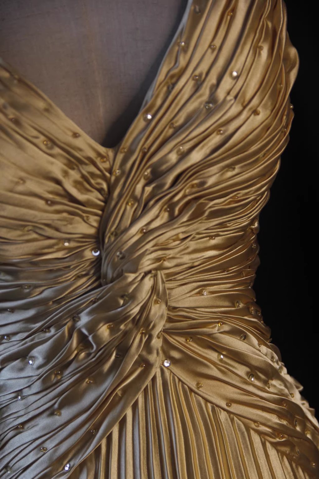 Glamorous Gold Satin Spaghetti Strap Pleated Evening Gown with Train TP5677