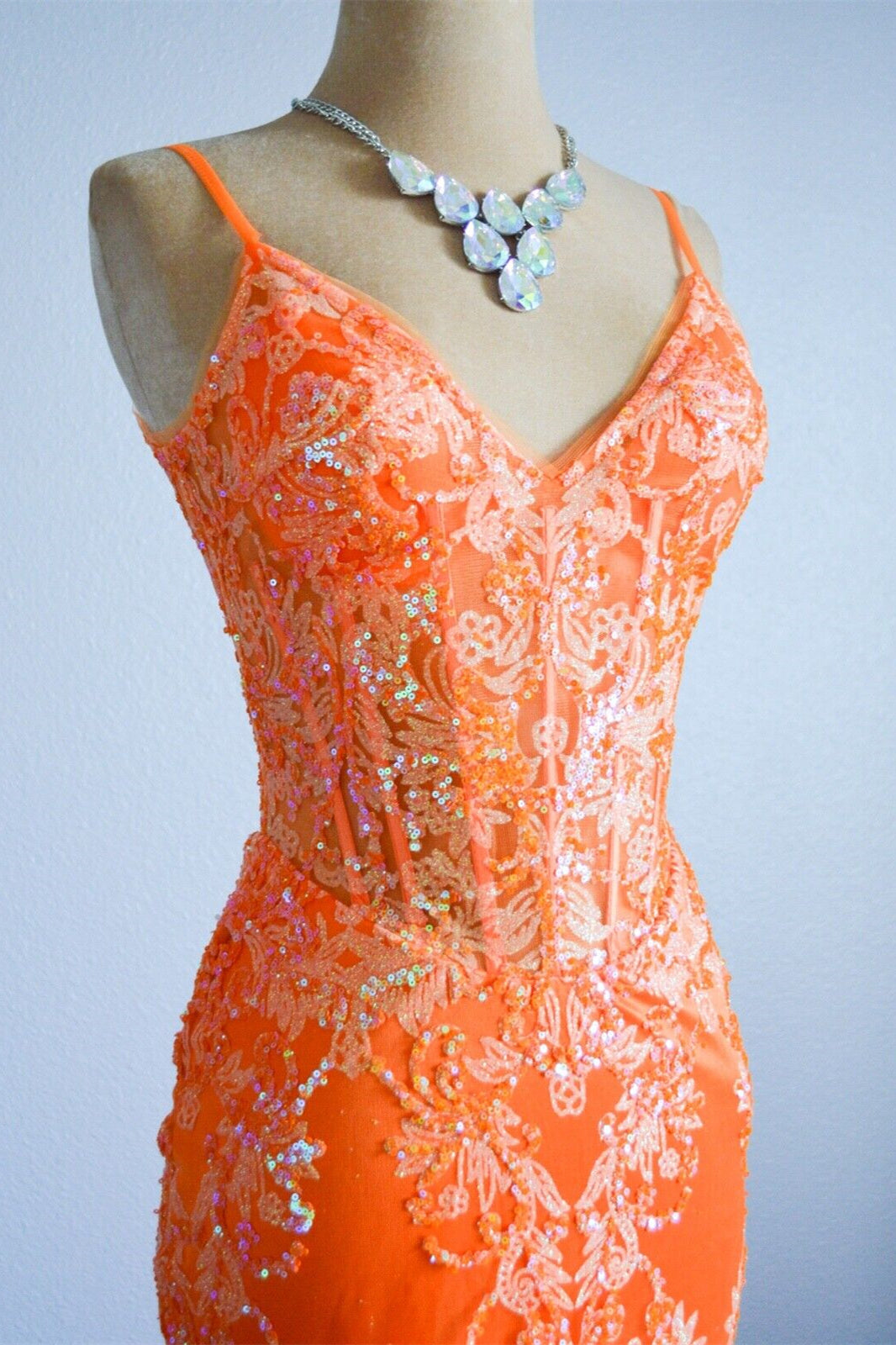V-Neck Open Back Mermaid Lace Prom Party Dress