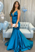 Simple v neck Peacock blue satin long prom dress blue evening dress