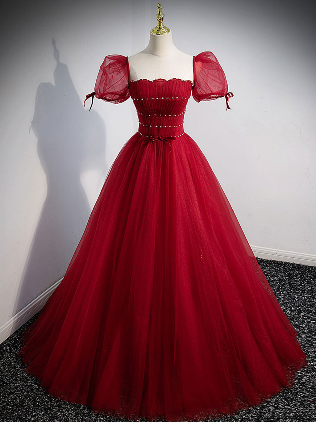 Long Tulle Prom Dresses Princess Puffed Sleeves Evening Gowns Elegant