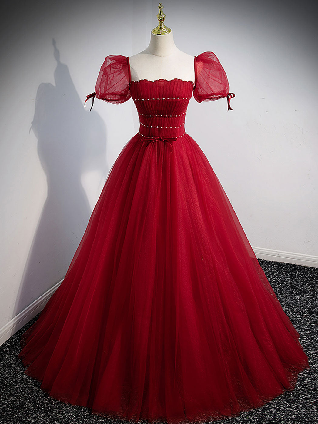 Long Tulle Prom Dresses Princess Puffed Sleeves Evening Gowns Elegant