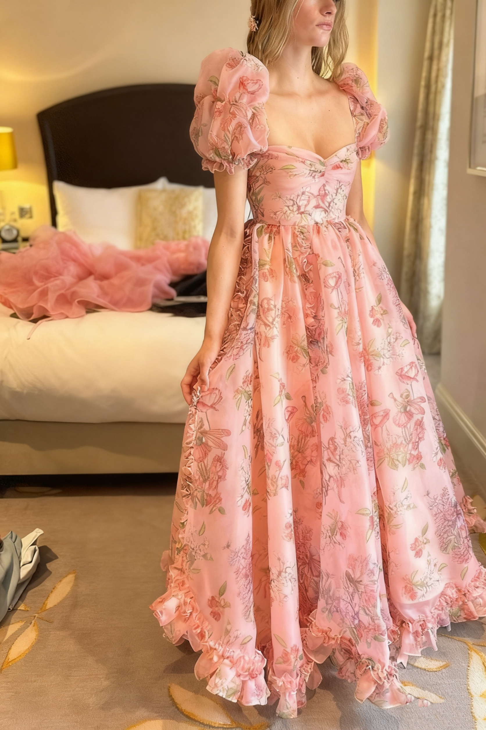 girlhomeshops-Pink Floral Short Sleeve Long Chiffon Prom Dress Date Dress gh5940