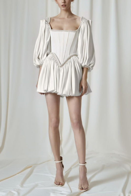 Girlhomeshops-White Vintage Elegant Long Sleeve Short Satin Formal Homecoming Dress gh5333