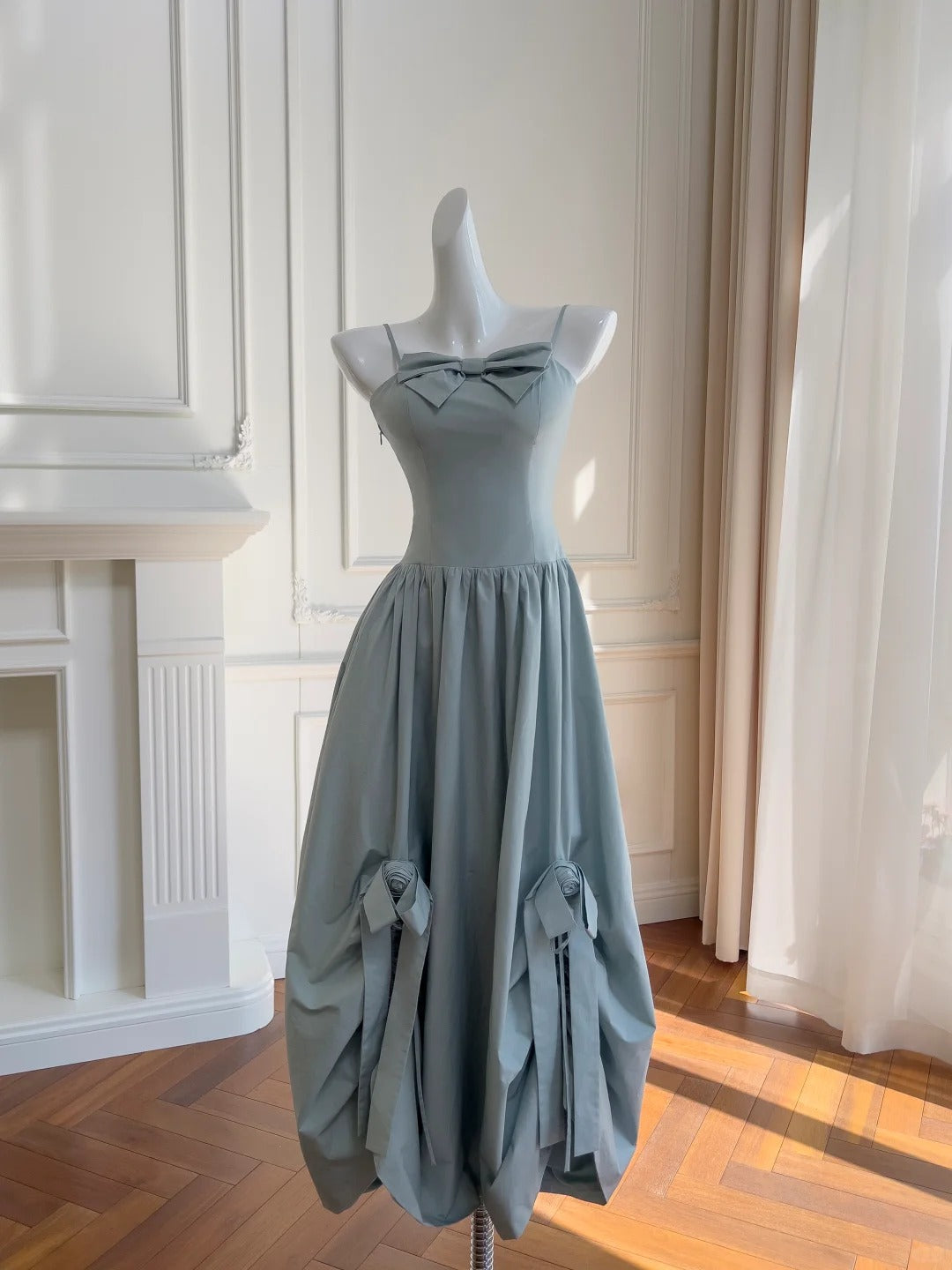Sweet Light Blue Bud Strappy Bow Prom Dress P4047