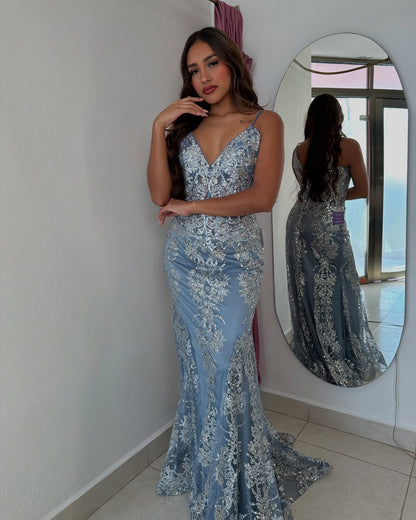 Blue gorgeous shiny spaghetti strap bodycon long tulle ball gown mermaid evening dress gh2718
