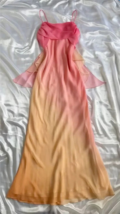 orange fashion gradient elegant spaghetti strap long chiffon prom dress evening dress party dress gh3608