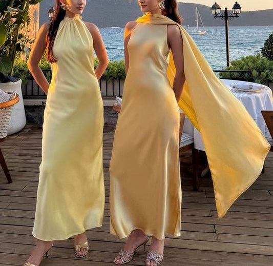 girlhomeshops-Yellow Elegant Simple Long Chiffon Satin Bridesmaid Dress gh5954