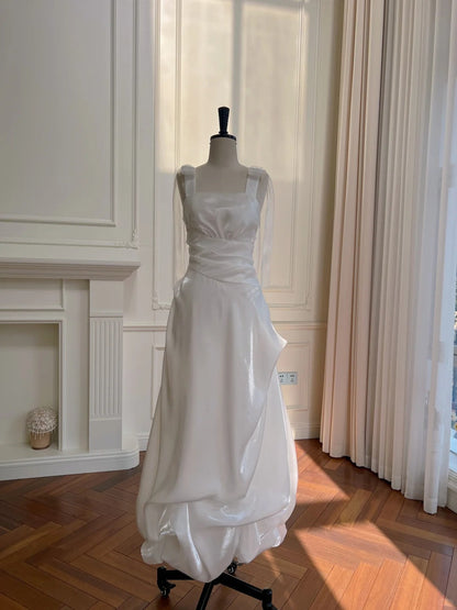 Elegant And Simple White Bud Square Neck Suspender Satin Prom Dress Evening Dress Bridesmaid Dress P4048