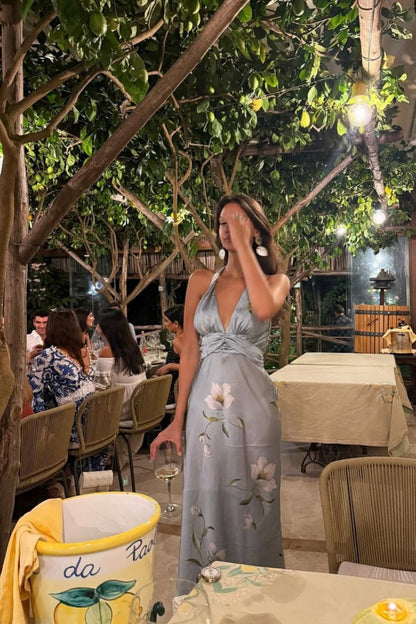 girlhomeshops-Party dress Blue floral long satin dress/vacation dress gh6152