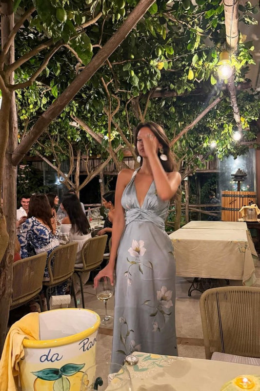 girlhomeshops-Party dress Blue floral long satin dress/vacation dress gh6152