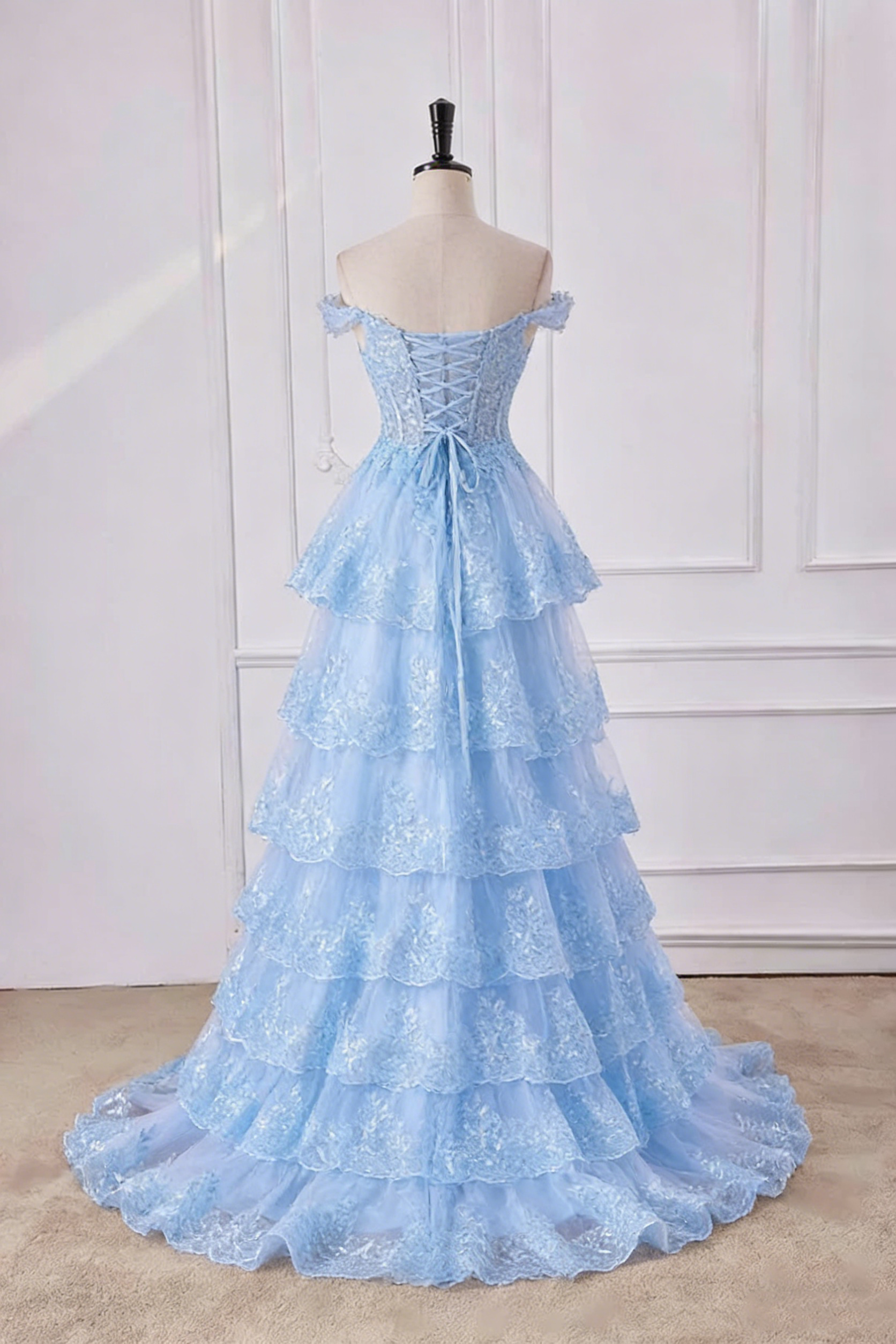 Glamorous Light Blue Off-the-Shoulder Layered Lace Evening Dress TP5712