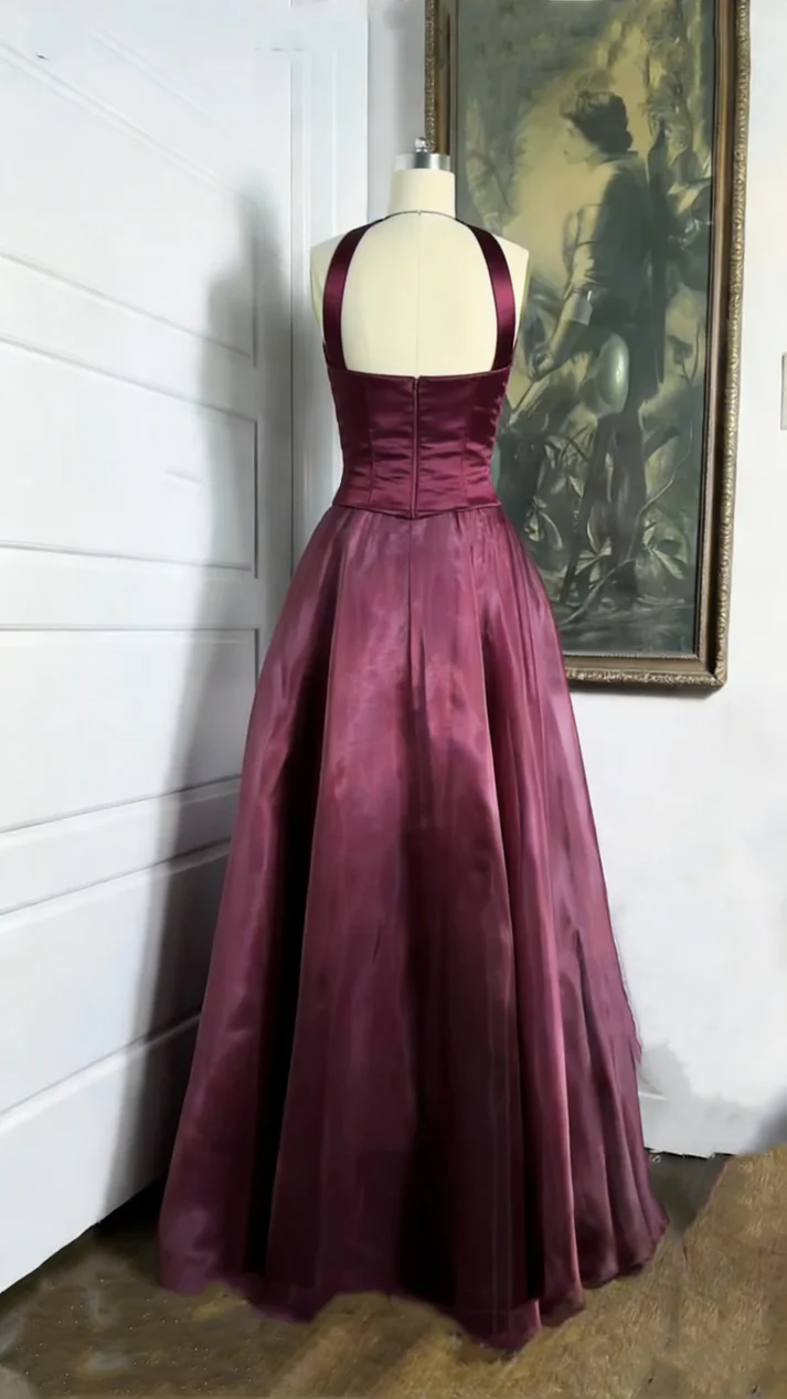 Pretty A line Halter Burgundy Sleeveless Evening Dress Organza Long Prom Dresses P2334