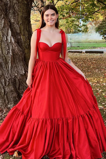 Red Bow Tie Straps A-line Satin Long Prom Dress