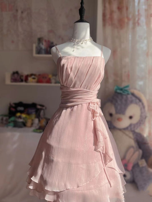 Charming Homecoming Dress A Line Pink Spahetti Straps Pleated Back to School Outfits Short Birthday Dress  P4916
