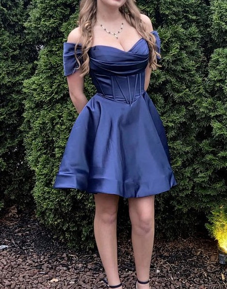 Stunning Homecoming Dress Satin A Line Off Shoulder Navy Blue Cocktail Dress Short Birthday Dress    P4930