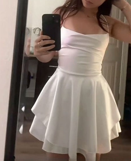 Pretty Homecoming Dress A Line White Spaghetti Straps Satin Back to School Outfits Short Birthday Dress    P4932