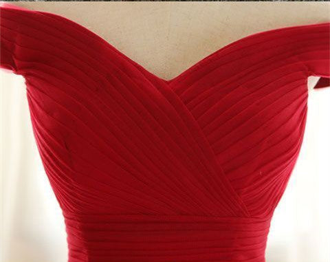 Red A Line Off Shoulder Tulle Prom Dress Ruched Bodice Formal Dresses