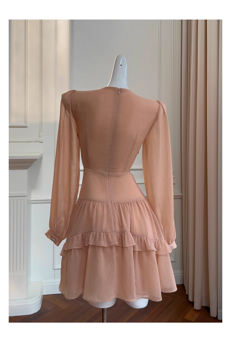 Retro Beading Design A-line Chiffon Long- sleeved V-neck Party Dresses Homecoming Dresses, TP3807