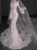 Elegant White Lace Applique Mermaid Off-the-shoulder Long Wedding Dress TP5021