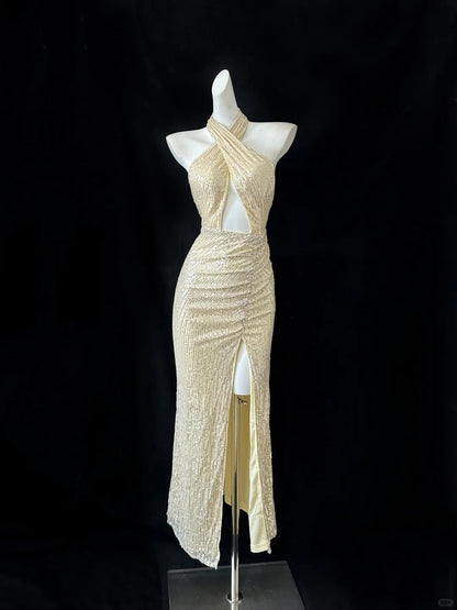 Gold Sequin Elegant Long Ball Gown Evening Dress Party Dress gh4477