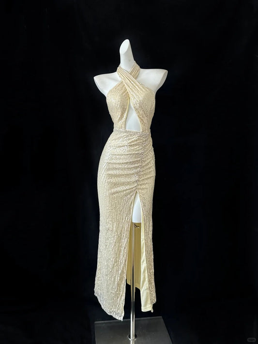 Gold Sequin Elegant Long Ball Gown Evening Dress Party Dress gh4477