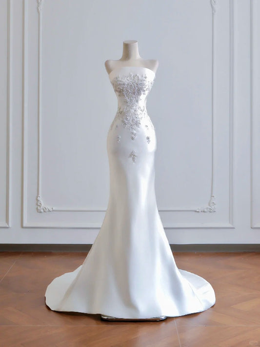 Girlhomeshops--White exquisite beaded long satin prom wedding dress gh5483