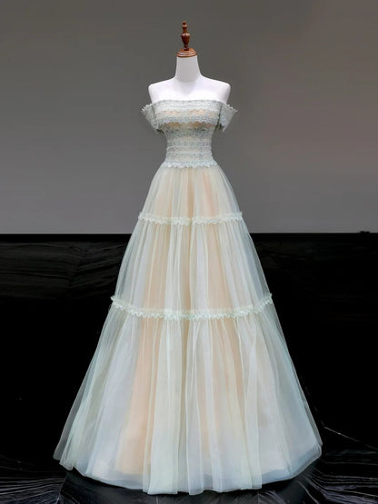 Girlhomeshops-Mint green elegant lace long tulle prom dress evening dress party dress gh5124
