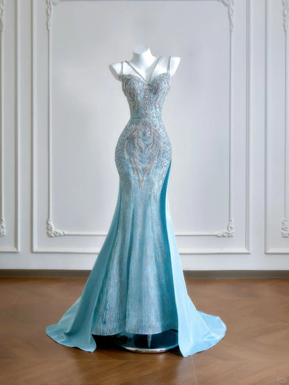 Girlhomeshops--Aqua blue mermaid tail exquisite beaded long floor-length tulle prom dress gh5484