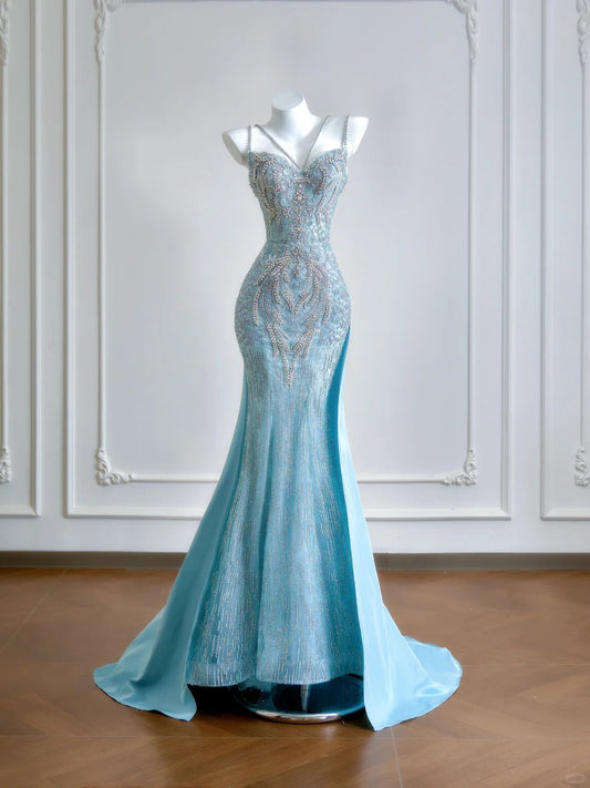 Girlhomeshops--Aqua blue mermaid tail exquisite beaded long floor-length tulle prom dress gh5484