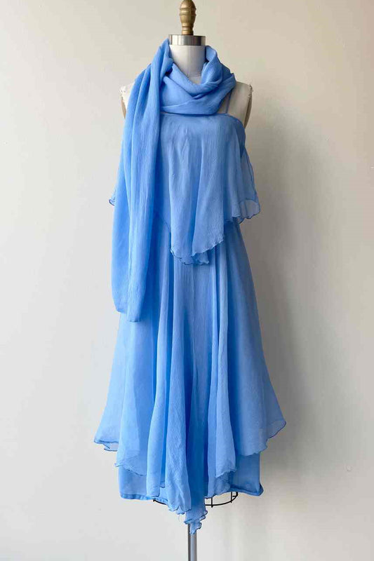 Blue A-line Spaghetti Straps Silk Scarf Chiffon Knee Length Bridesmaid Dress