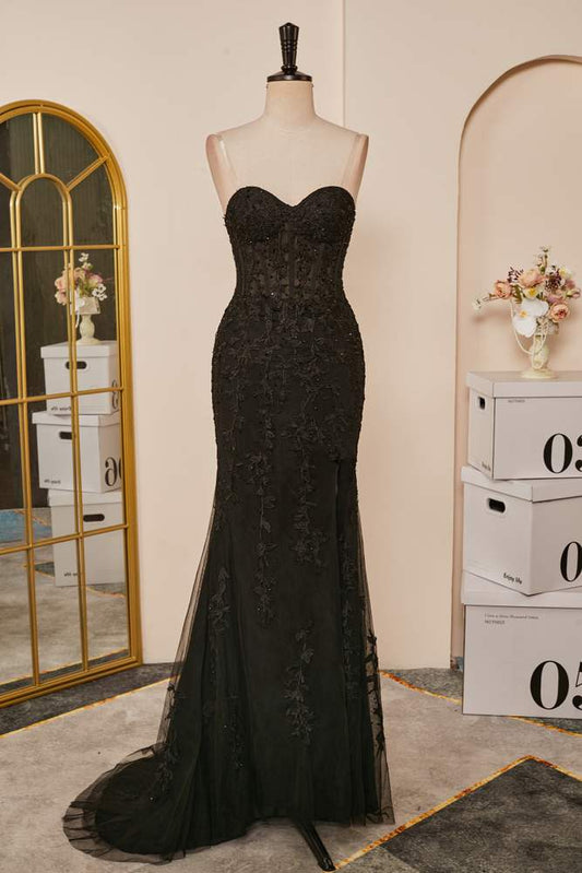 Black Mermaid Strapless Appliques Long Prom Dress with Slit