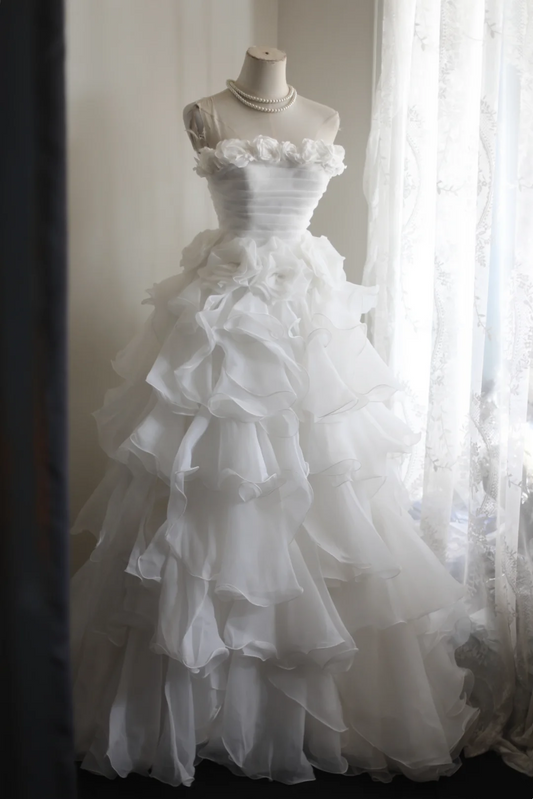 Retro Long Tiered Skirt White Strapless Formal Evening Dress gh7120