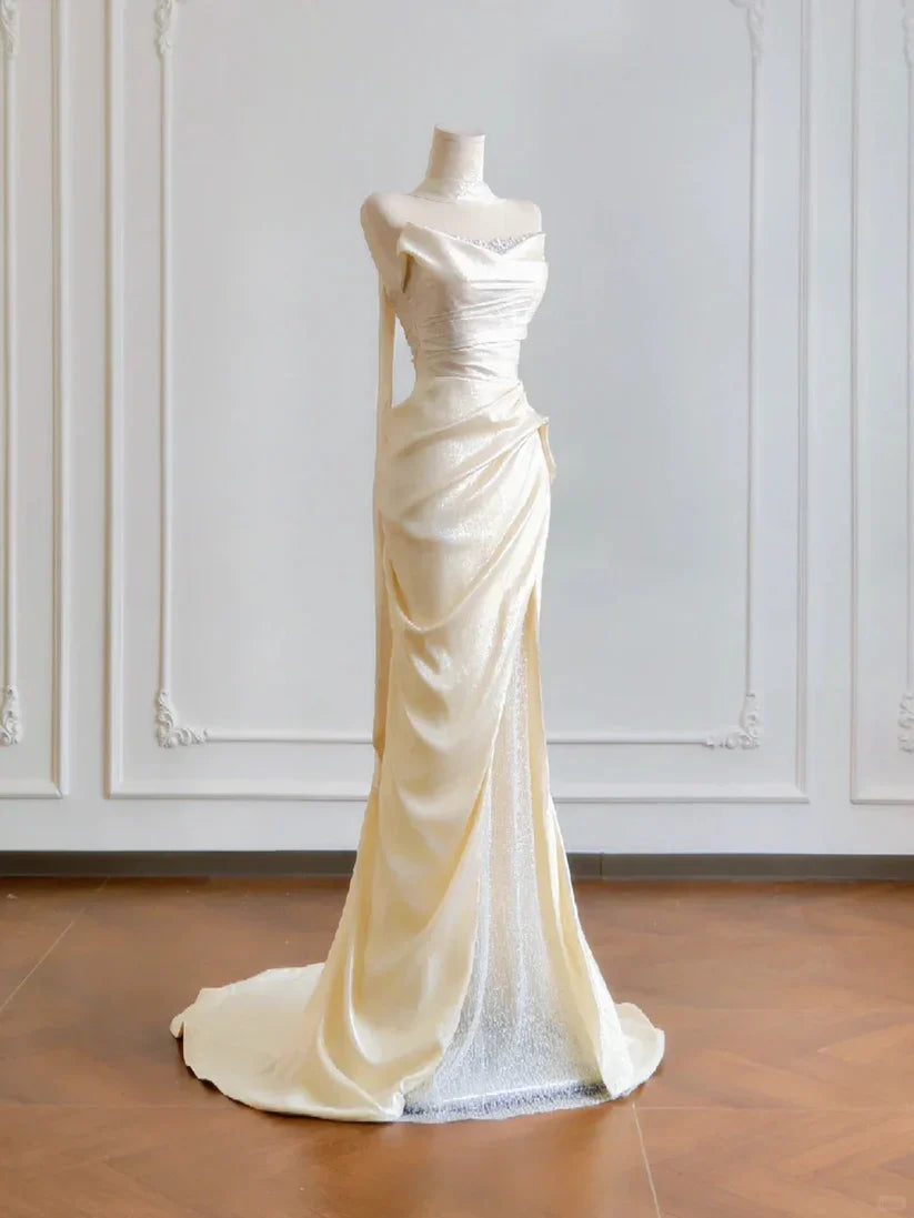 Girlhomeshops--✨Cream yellow long satin prom dress gh5480