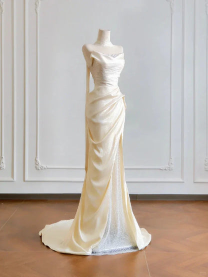Girlhomeshops--✨Cream yellow long satin prom dress gh5480