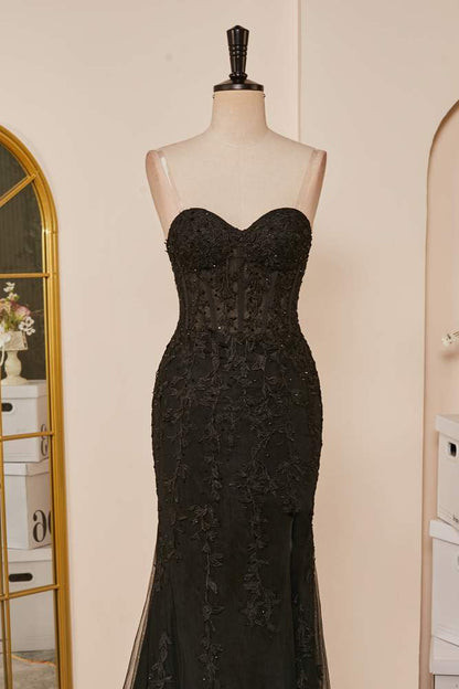 Black Mermaid Strapless Appliques Long Prom Dress with Slit