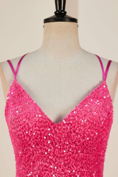 Hot Pink Sequins Sheath Deep V Neck Lace-Up Homecoming Dress