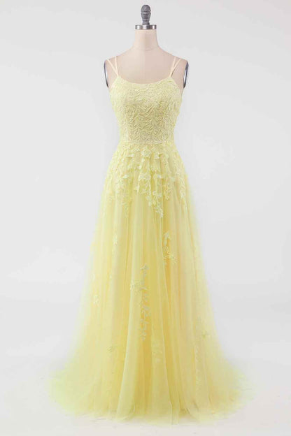 Bateau Sleeveless Tulle A-Line Lace Appliques Prom Party Dress