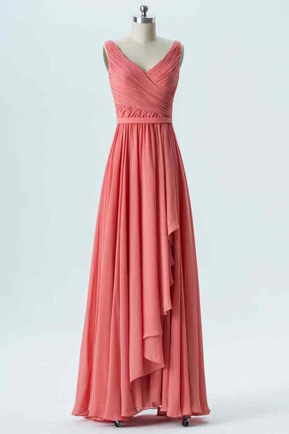 Watermelon A-line V Neck Chiffon Pleated Ruffle Long Bridesmaid Dress