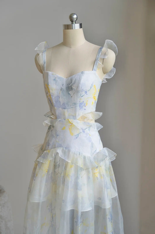girlhomeshops- Vintage Watercolor Print Ruffled Spaghetti Strap Long Forest-Style Evening Gown gh6035