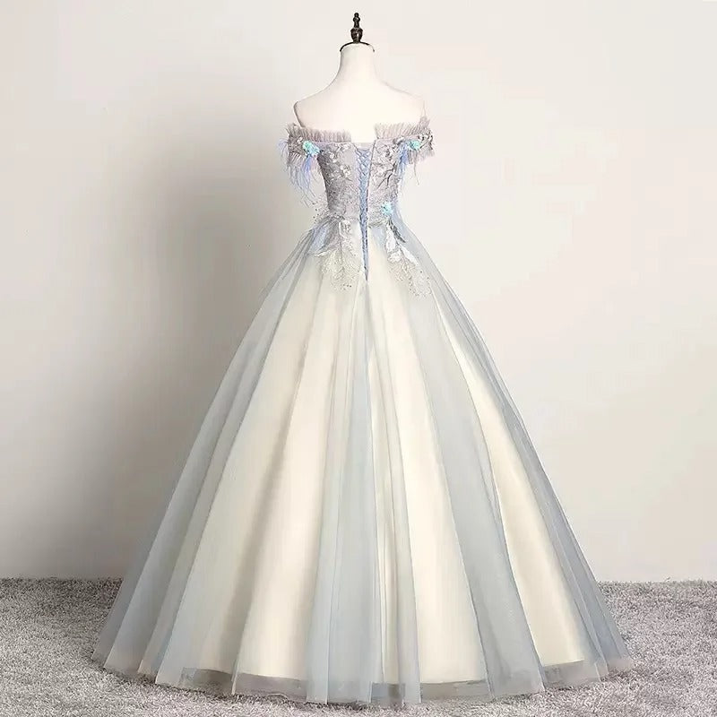 Girlhomeshops-Light colored floral beaded long tulle and formal ball gown with lace up gh5314