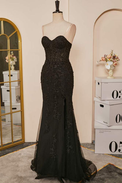 Black Mermaid Strapless Appliques Long Prom Dress with Slit