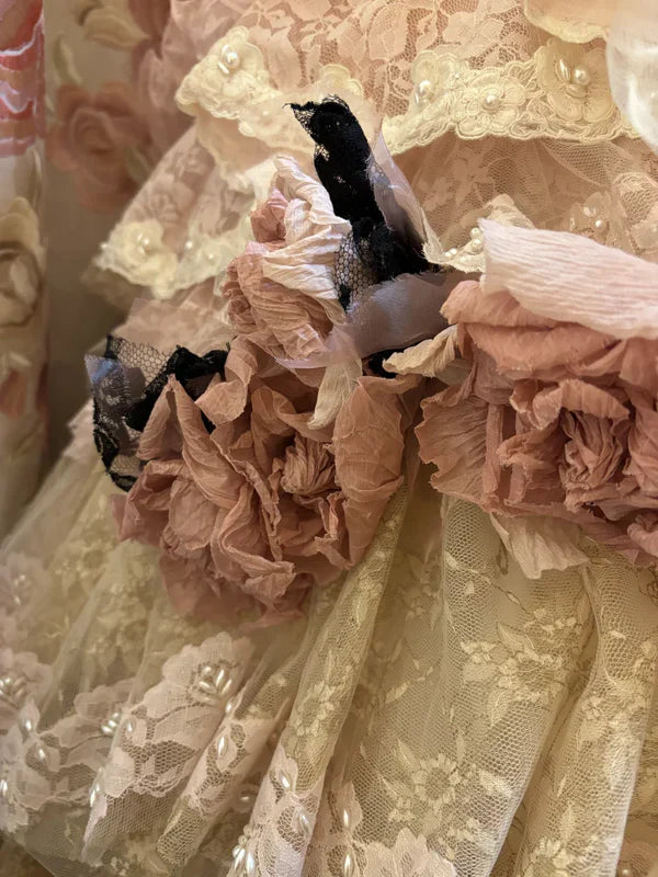 Vintage Pink Lace Strapless Tiered Sweet 16 Quinceanera A-Line Evening Dress Ball Gown TP4289