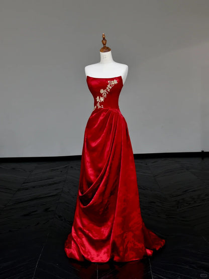 Girlhomeshops -Red floral applique long satin prom dress evening gown party dress gh5113