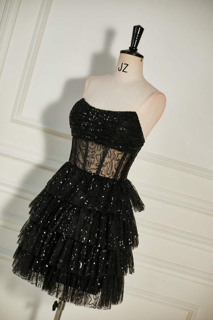 Black Sequined Strapless Multi-Layers Tulle Homecoming Dress